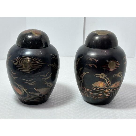 Other - 2 Vintage Tricolor Brass Swan Ginger Jar Urn Metal Lake Scene Asian Sunset India